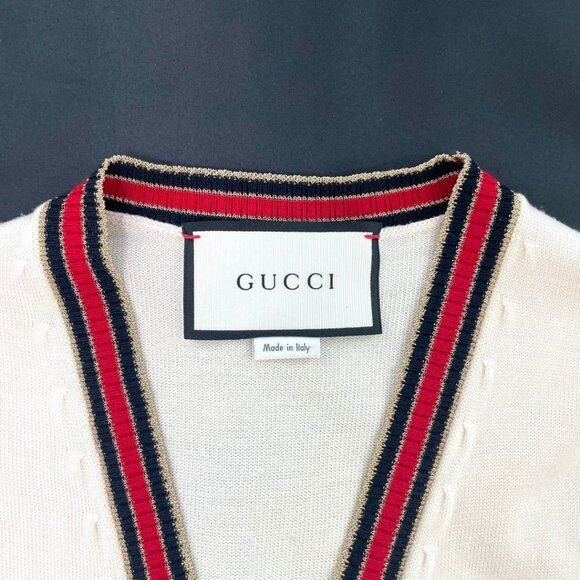 Authentic Gucci Ivory Cream Web Stripe Trimmed Buttons Wool Cardigan Sweater S - Picture 8 of 13